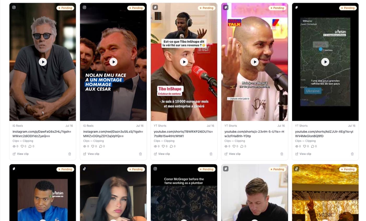 The clipper dashboard showing a grid of published clips